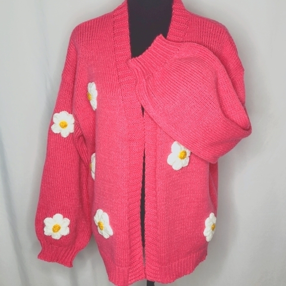 BiBi Pink Open Front Daisy Cardigan - Size M - Picture 8 of 12